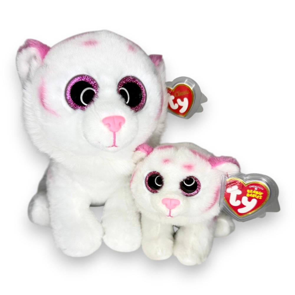 Tabor the White Tiger Duo | Pink Striped Cuties | Mint Heart Tags TY Beanie Set